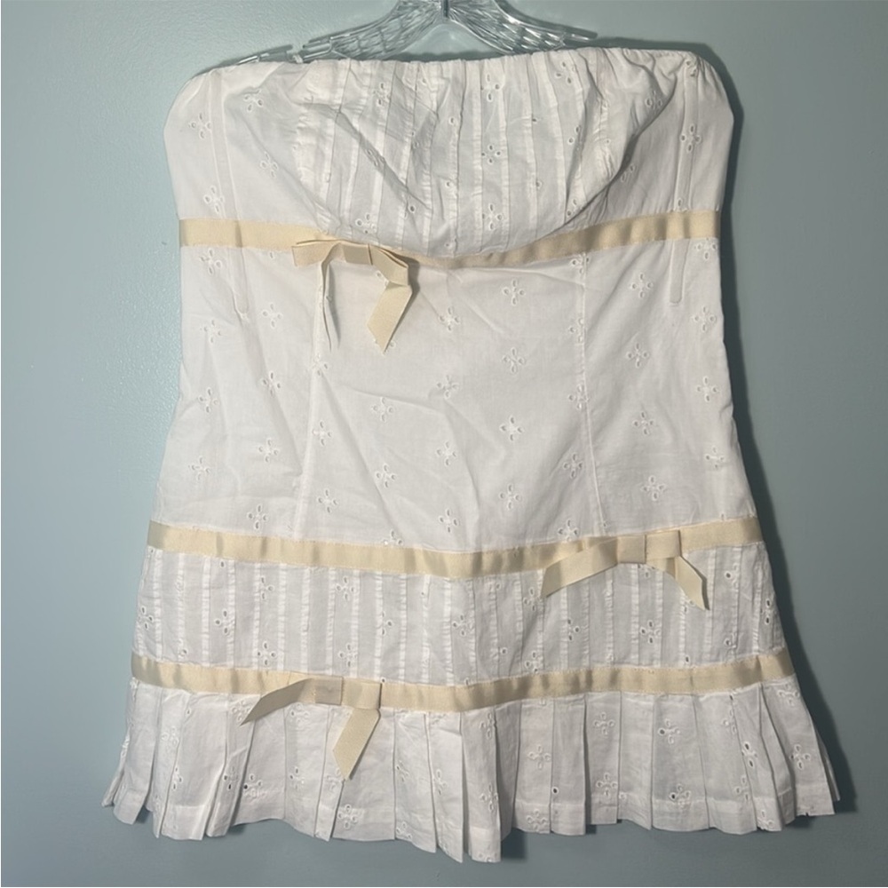 Kimchi Blue Large Dress Violetta Eyelet Strapless Mini lined ivory bows pleats - Picture 2 of 14